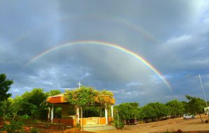 wide view of Chapel at CMC Vellore Chittoor campus with rainbows overhead