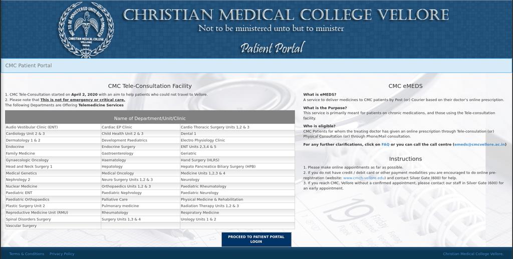 teleconsultation landing page on the CMC Vellore website